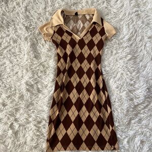 Argyle Polo Knit Dress in Beige and Brown